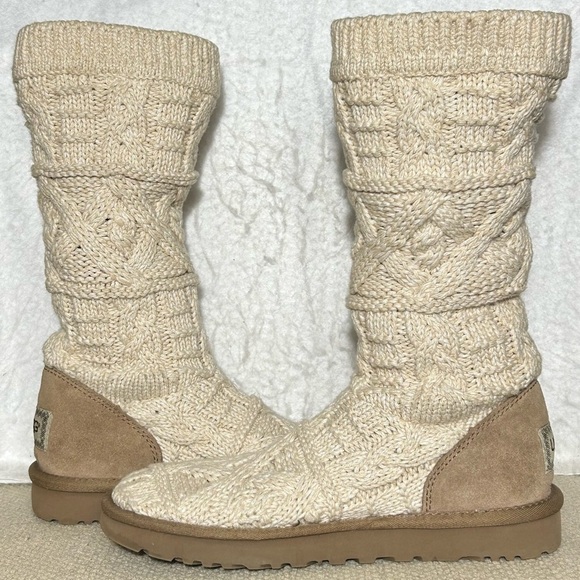 UGG Womens Cream Cardi Cable Knitted Sweater w/Shearling Pull On Boots SZ US 8 - Picture 7 of 11